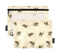 Fustylead Hand Draw Flying Bumblebees Big Capacity Pencil Bag Fits 3 Ring Binders, Waterproof Pencil Case with Clear Window for School Cosmetic Office Students Supplies 2 Pack