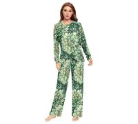 Fustylead Hand Draw Green Dahlia Matching Couple Pajama Set 2 PCS Long Sleeve Lounge Jammies for Families Men Women