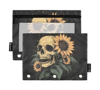 Fustylead Hand Draw Human Skull and Sunflower Design Binder Pencil Pouch for 3 Ring, Pencil Pouches Bags with Zipper Clear Window for School Office Cosmetic Students Supplies, 2 Pack