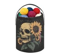 Fustylead Hand Draw Human Skull and Sunflower Design Large Yarn Storage Tote Basket, Knitting Crochet Drawstring Organizer Bag for Crocheting Project, Yarn Balls, Needles Accessories