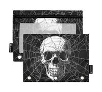 Fustylead Hand Draw Human Skull on Spider Web Binder Pencil Pouch for 3 Ring, Pencil Pouches Bags with Zipper Clear Window for School Office Cosmetic Students Supplies, 2 Pack