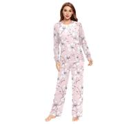 Fustylead Hand Draw Pink Cherry Blossoms Matching Couple Pajama Set 2 PCS Long Sleeve Lounge Jammies for Families Men Women