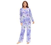 Fustylead Hand Draw Purple Cherry Blossom Matching Couple Pajama Set 2 PCS Long Sleeve Lounge Jammies for Families Men Women