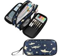 Fustylead Hand Draw Sharks and Stars Print Design Pencil Pen Case Stationery Bag 3 Compartments School College Office Organizer Cosmetics Bag