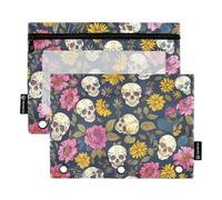 Fustylead Hand Draw Various Skulls and Beautiful Flower Binder Pencil Pouch for 3 Ring, Pencil Pouches Bags with Zipper Clear Window for Office Cosmetic Supplies, 2 Pack