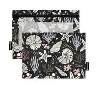 Fustylead Hand-drawn Sea Shells Fossils Starfish Corals Seaweeds Waves Pencil Pouch with Clear Window for 3 Ring Binders, Zipper Pencil Case Cosmetic Bags for School Office Cosmetic Students Supplies,