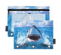 Fustylead Happy Shark Jumping Out of Blue Water Pencil Bags for 3 Ring Binders, Zipper Pocket Pouch with Clear Window Pencil Case Bags for Home Office School Children Suppliers 2 Pack