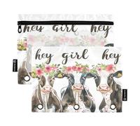 Fustylead Hey Girl Hey Words Cute Cow Big Capacity Pencil Bag Fits 3 Ring Binders, Waterproof Pencil Case with Clear Window for Cosmetic Office Supplies 2 Pack