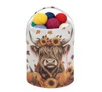 Fustylead Highland Cow Sunflowers Pumpkins and Falling Leaves Crochet Drawstring Organizer, Large Yarn Bag Storage Tote Basket for Crocheting On The Go, Kit Holder, Gift for Knitter, Crochet Beginner
