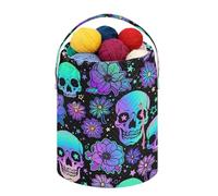 Fustylead Holographic Bright Human Skulls and Flowers Large Yarn Storage Tote Basket, Knitting Crochet Drawstring Organizer Bag for Crocheting Project, Yarn Balls, Needles Accessories