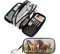 Fustylead Horses Galloping on The Grassland Oil Painting Pencil Pen Case with 3 Compartments, Lightweight & Spacious Stationery Bag Cosmetics Bag