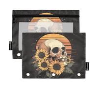 Fustylead Human Skull and Sunflower Over Sunset Binder Pencil Pouch for 3 Ring, Pencil Pouches Bags with Zipper Clear Window for School Office Cosmetic Students Supplies, 2 Pack