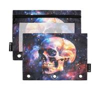 Fustylead Human Skull in Galaxy Big Capacity Pencil Bag Fits 3 Ring Binders, Waterproof Pencil Case with Clear Window for School Cosmetic Office Students Supplies 2 Pack