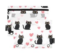 Fustylead Lovely Black Cats and Hearts 2 Pack Pencil Pouches for 3 Ring Binder, Big Capacity Binder Pencil Bag with Clear Window for School Office Cosmetic Children Supplies