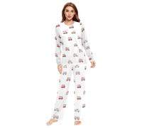 Fustylead Lovely Cartoon Red Fire Trucks Matching Couple Pajama Set 2 PCS Long Sleeve Lounge Jammies for Families Men Women