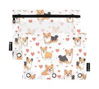 Fustylead Lovely Corgis and Hearts 2 Pack Pencil Pouches for 3 Ring Binder, Big Capacity Binder Pencil Bag with Clear Window for School Office Cosmetic Children Supplies