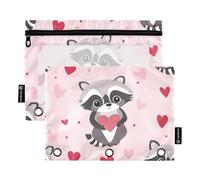 Fustylead Lovely Raccoon Holding Hearts 2 Pack Pencil Pouches for 3 Ring Binder, Big Capacity Binder Pencil Bag with Clear Window for School Office Cosmetic Children Supplies