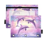 Fustylead Magic Rainbow Stars and Dolphins Jumping Pencil Pouch with Clear Window for 3 Ring Binders, Zipper Pencil Case Cosmetic Bags for School Office Cosmetic Students Supplies, 2PCS