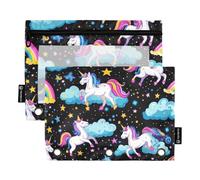 Fustylead Magic Unicorns Clouds Rainbow and Stars Binder Pencil Pouch for 3 Ring, Pencil Pouches Bags with Zipper Clear Window for School Office Cosmetic Students Supplies, 2 Pack
