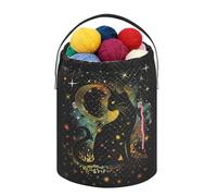 Fustylead Mystic Black Cat Silhouette and Stars Moon Crochet Drawstring Organizer, Large Yarn Bag Storage Tote Basket for Crocheting On The Go, Kit Holder, Gift for Knitter, Crochet Beginner