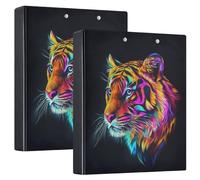 Fustylead Neon Psychedelic Tiger Head 3 Ring Binder, 1.5" D-Ring Hardcover Folder with Clipboard & 3 Clear Pockets, Holds 200 Sheets A4 Size Paper for School Home Office