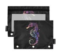 Fustylead Neon Seahorse Silhouette with Stars Big Capacity Pencil Bag Fits 3 Ring Binders, Waterproof Pencil Case with Clear Window for School Cosmetic Office Students Supplies 2 Pack