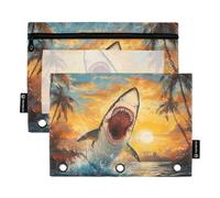 Fustylead Oil Painting of Open Mouth Shark Jumping Pencil Pouch with Clear Window for 3 Ring Binders, Zipper Pencil Case Cosmetic Bags for School Office Cosmetic Students Supplies, 2PCS
