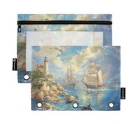 Fustylead Oil Painting of Sailing Ships and Dolphins in The Sea Pencil Bags for 3 Ring Binders, Zipper Pocket Pouch with Clear Window Pencil Case Bags for Home Office School Children Suppliers 2 Pack