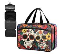 Fustylead Pair of Day of The Dead Skulls and Floral Large Medical Supplies Organizer Bag with Zipper Empty First Aid Bag Trauma Kit for Traveling Hiking Camping