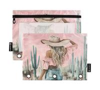 Fustylead Pastel Pink Cowgirl Western Desert Cactus Big Capacity Pencil Bag Fits 3 Ring Binders, Waterproof Pencil Case with Clear Window for School Cosmetic Office Students Supplies 2 Pack