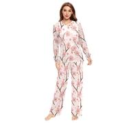 Fustylead Pink Cherry Blossoms on Stripe Matching Couple Pajama Set 2 PCS Long Sleeve Lounge Jammies for Families Men Women