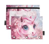 Fustylead Pink Unicorn with Big Eyes and Flower Butterfly Pencil Pouch Fits Standard 3-Ring Binders, Zipper Binder Pencil Bag with Clear Window for Office School Cosmetic 2 Pack