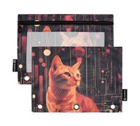 Fustylead Quantum Technology Poster Cat Binder Pencil Pouch for 3 Ring, Pencil Pouches Bags with Zipper Clear Window for School Office Cosmetic Students Supplies, 2 Pack
