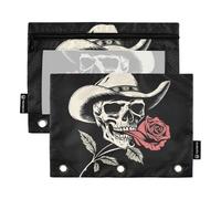 Fustylead Retro Cowboy Skull Holding Rose in His Mouth Binder Pencil Pouch for 3 Ring, Pencil Pouches Bags with Zipper Clear Window for School Office Cosmetic Students Supplies, 2 Pack
