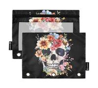 Fustylead Retro Floral Skull Watercolor Binder Pencil Pouch for 3 Ring, Pencil Pouches Bags with Zipper Clear Window for School Office Cosmetic Students Supplies, 2 Pack