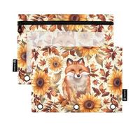 Fustylead Retro Fox and Fall Sunflower Leaves 2 Pack Pencil Pouches for 3 Ring Binder, Big Capacity Binder Pencil Bag with Clear Window for Office Cosmetic Supplies