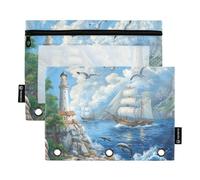 Fustylead Sailing Ships and Dolphins in The Sea Pencil Bags for 3 Ring Binders, Zipper Pocket Pouch with Clear Window Pencil Case Bags for Home Office School Children Suppliers 2 Pack
