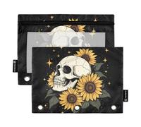 Fustylead Shining Human Skull and Sunflower Design Binder Pencil Pouch for 3 Ring, Pencil Pouches Bags with Zipper Clear Window for School Office Cosmetic Students Supplies, 2 Pack