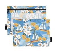 Fustylead Summer Vibes with Island Tropical Ocean and Sail Boat 2 Pack Pencil Pouches for 3 Ring Binder, Big Capacity Binder Pencil Bag with Clear Window for School Office Cosmetic Children Supplies