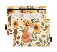 Fustylead Thanksgiving Fox and Sunflower Fall Leaves 2 Pack Pencil Pouches for 3 Ring Binder, Big Capacity Binder Pencil Bag with Clear Window for Office Cosmetic Supplies