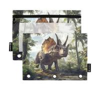 Fustylead Triceratops in The Jungle Pencil Pouch Fits Standard 3-Ring Binders, Zipper Binder Pencil Bag with Clear Window for Office School Cosmetic 2 Pack