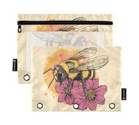 Fustylead Vintage Bee and Flowers Big Capacity Pencil Bag Fits 3 Ring Binders, Waterproof Pencil Case with Clear Window for School Cosmetic Office Students Supplies 2 Pack