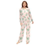 Fustylead Vivid Cactus Blossom on Pink Matching Couple Pajama Set 2 PCS Long Sleeve Lounge Jammies for Families Men Women