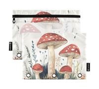 Fustylead Watercolor Aesthetic Mushrooms and Fern Pencil Pouch with Clear Window for 3 Ring Binders, Zipper Pencil Case Cosmetic Bags for School Office Cosmetic Students Supplies, 2PCS
