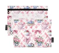 Fustylead Watercolor Tea Cup Teapot Flower Cake on Pink Argyle Binder Pencil Pouch for 3 Ring, Pencil Pouches Bags with Zipper Clear Window for School Office Cosmetic Students Supplies, 2 Pack