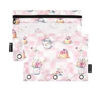 Fustylead Watercolor Tea Cup Teapot Flower Cake on Pink Plaid Binder Pencil Pouch for 3 Ring, Pencil Pouches Bags with Zipper Clear Window for School Office Cosmetic Students Supplies, 2 Pack