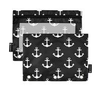 Fustylead White Anchors on Black Background Binder Pencil Pouch for 3 Ring, Pencil Pouches Bags with Zipper Clear Window for School Office Cosmetic Students Supplies, 2 Pack