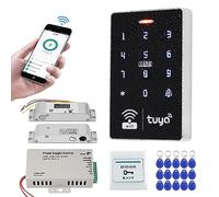 FUSYTULY WiFi Tuya Smart Door Access Control System Kit 125KHz 13.56MHz Waterproof RFID Keypad + NC Fail Safe Electric Strike Lock + DC12V Power Supply + 15pcs Keyfobs Tags