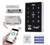 FUSYTULY WiFi Wireless Door Access Control System Tuya Smart 125KHz 13.56MHz Waterproof RFID Access Controller Keypad + 180KG Electric Magnetic Lock + DC12V3A Power Supply + 15pcs Keyfobs