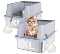 FUTAM 2 Pack Stainless Steel Litter Box, XL Metal Cat Litter Box with Lid, Extra Large High Sided Litterbox for Big Cats, Anti-Urine Leakage, Non-Sticky, Included Scoop(24"x16"x12", Sliver)